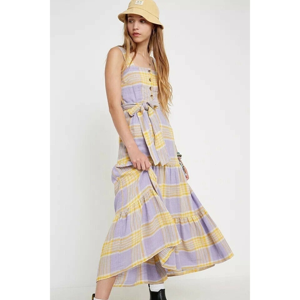 Urban Outfitters Katy Slub Plaid Maxi Dress Printed Purple Sleeveless Plaid